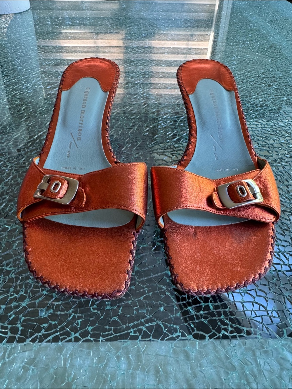 Sigerson Morrison Metallic Orange Buckle Slide Mules 8